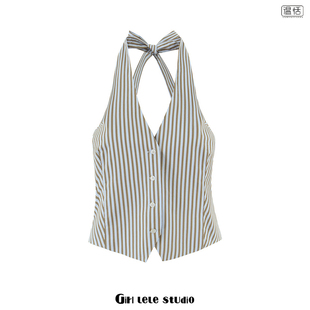 修身 上衣女单排扣无袖 辣妹复古挂脖领条纹背心式 显瘦马甲 包邮