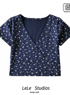 【包邮】美式复古bm风碎花交叉深v领紧身短款露脐短袖T恤女上衣夏