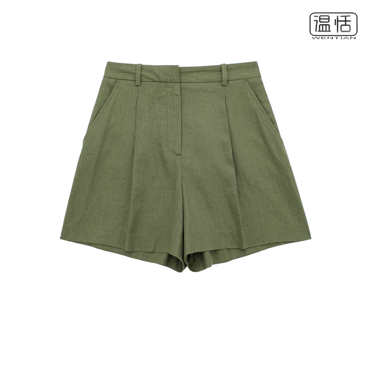 【包邮】基础款复古绿色亚麻混纺短裤女2025夏季高腰A字阔腿热裤