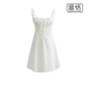 收腰显瘦短裙 纯欲性感方领白色系带裹胸吊带连衣裙女夏季 包邮