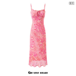 【包邮】辣妹复古度假风木耳边吊带长裙子女修身显瘦碎花连衣裙女