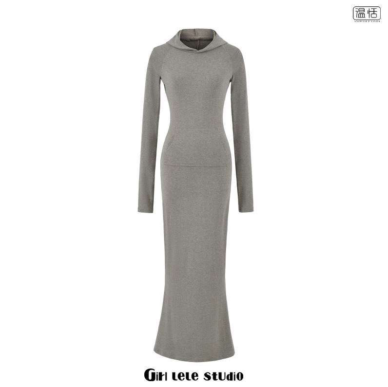 欧美风新款简约气质连帽长袖包臀