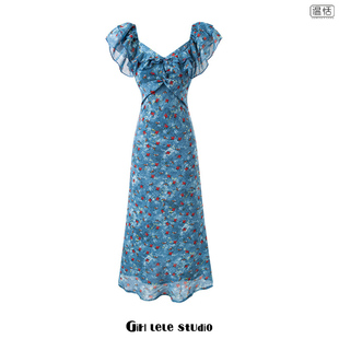 【包邮】法式复古蓝底小碎花荷叶边飞飞袖度假连衣裙女夏季长裙子