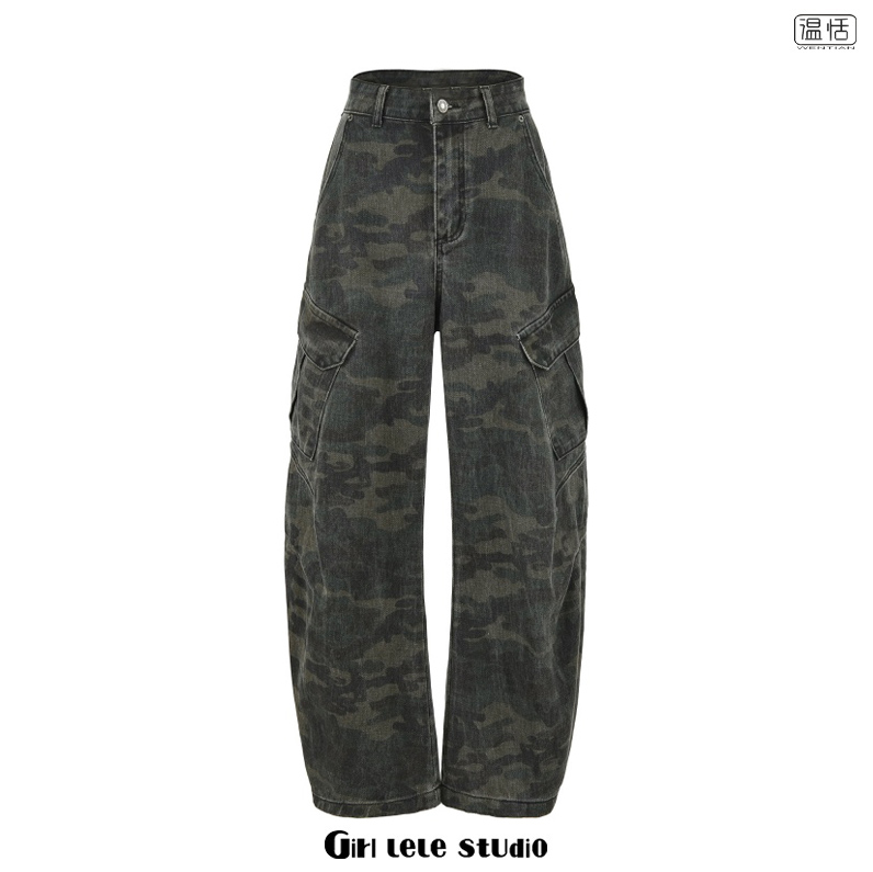 【包邮】美式复古风时尚迷彩工装裤多口袋宽松显瘦弯刀裤休闲长裤