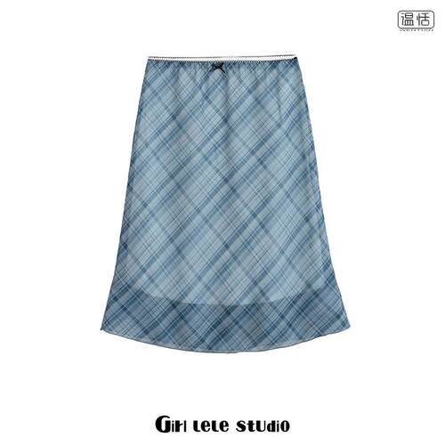 【包邮】法式复古蝴蝶结蓝灰格纹半身裙女高腰显瘦遮胯a字鱼尾裙