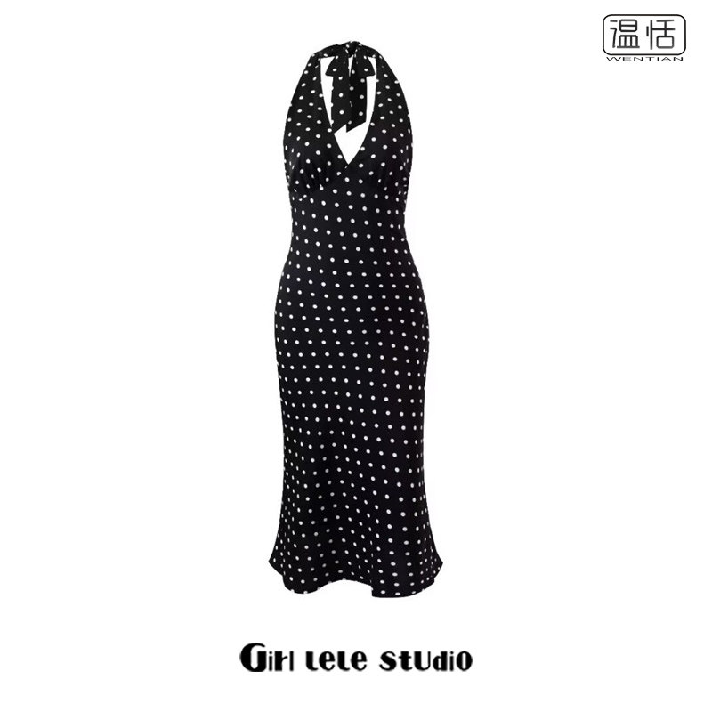 【包邮】法式复古深V领挂脖性感大露背收腰波点无袖度假连衣裙女