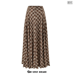 复古风格 美式 纹A字半身裙女棕色大摆长裙设计感显瘦裙子 包邮