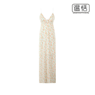 包邮 欧美辣妹蕾丝拼接性感V领碎花吊带连衣裙海边度假长裙子