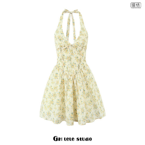 【包邮】法式复古碎花深V领挂脖绑带海边度假连衣裙女收腰A字裙子