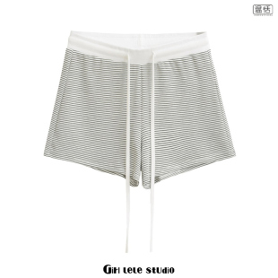 【包邮】欧美风复古性感撞色拼接松紧腰条纹运动短裤女休闲热裤潮