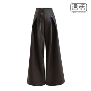 宽松百搭黑色拖地长裤 辣妹复古咖色PU皮铆钉绑带直筒裤 子 包邮