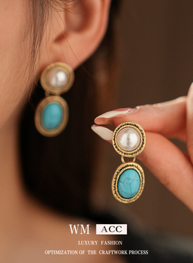 中古vintageS925银针耳钉圆形珍珠绿松石锁骨项链女时尚小众设计