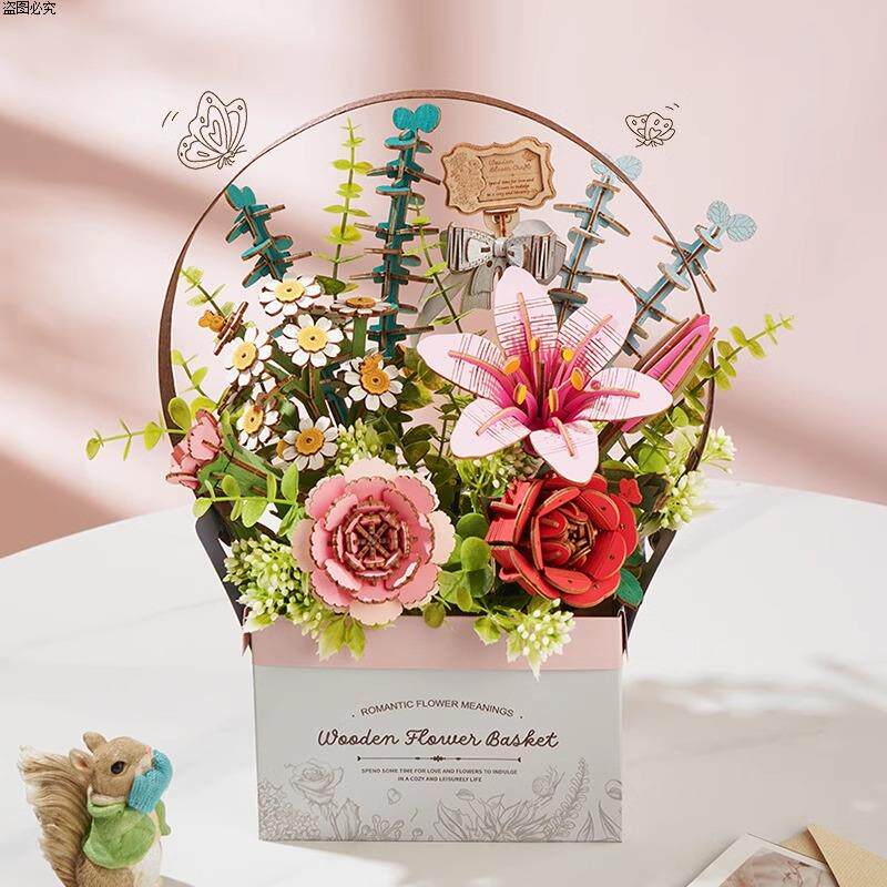 高级拼图质感繁花3d榫卯花束木制立体模型拼装积木永生积木玫瑰花