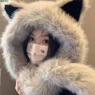 小狐狸帽子保暖毛绒氛围感冬季护耳帽带围脖防寒防风甜酷百搭帽子