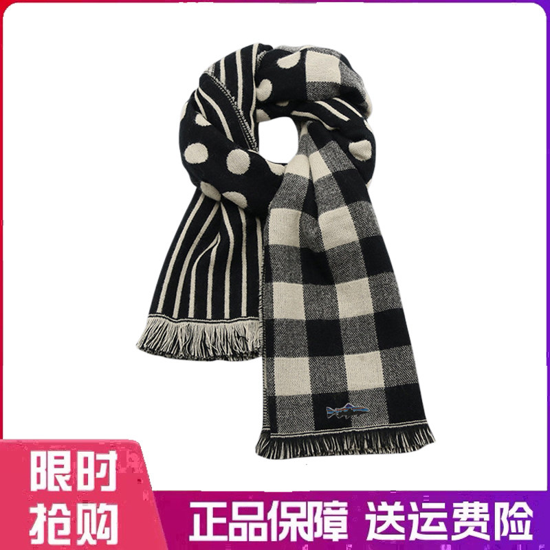 户外围巾波点流苏黑色女秋冬季格子保暖围脖复古长款双面两用披肩