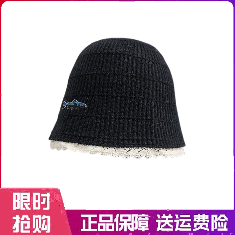 户外帽子蕾丝花边竖条水桶盆帽秋冬网红羊毛针织保暖时尚渔夫帽女