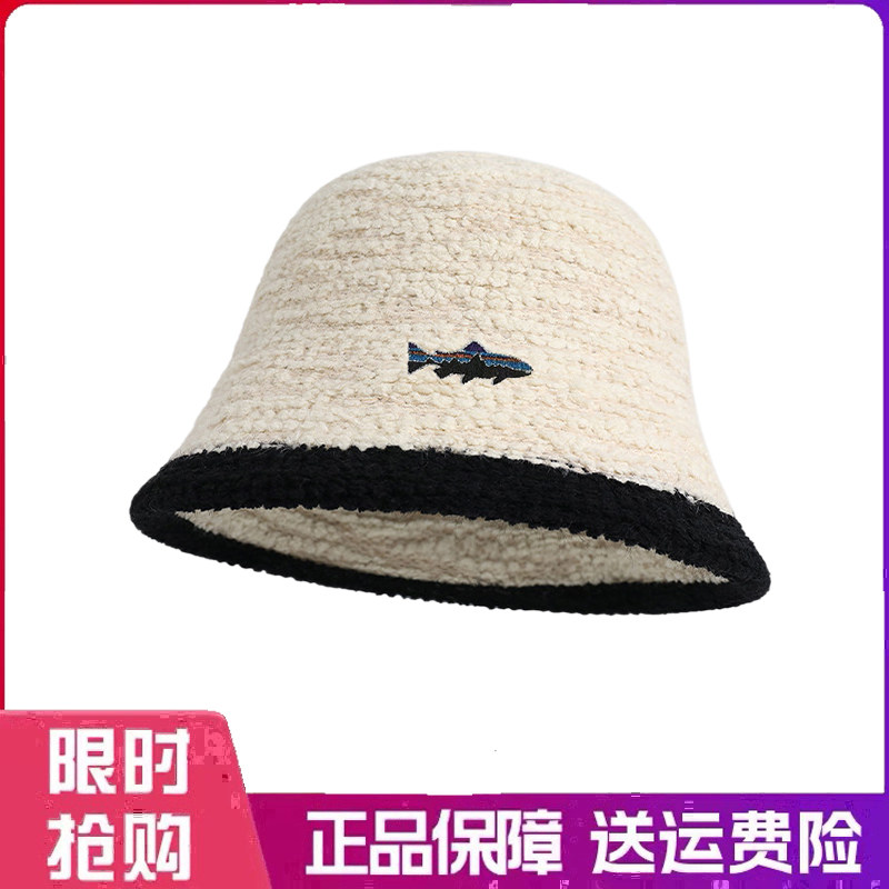 户外帽子毛绒渔夫帽女秋冬保暖时尚针织盆帽撞色显脸小气质水桶帽
