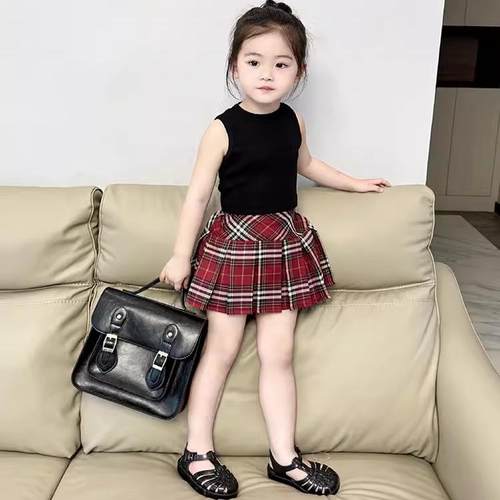 女童2026新款时髦红色格子百褶裙半身裙夏款童装女宝洋气jkA字裙7