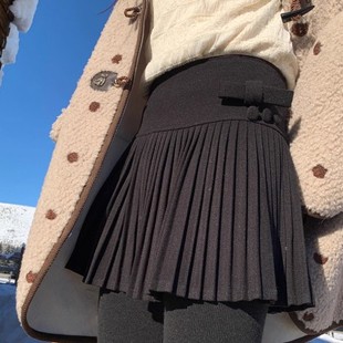 灰色百褶裙女童装秋冬蝴蝶结裙子小女孩A字短裙高腰毛呢半身裙裤9