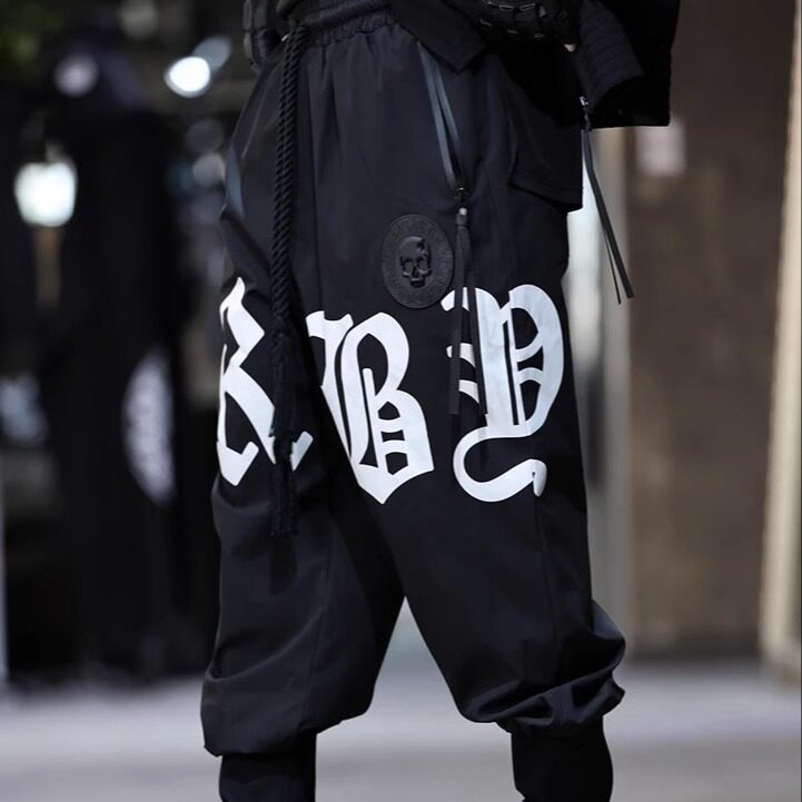 韩国潮牌BytheR男女大口袋松紧带粗腿裤纯棉修身慢黑色大字粗腿裤