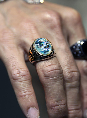 BytheR男女钛钢日韩蛋白石指环