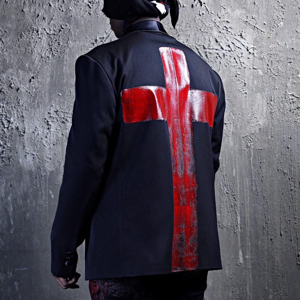 代购韩国潮牌ByTheR男士春秋 ProjectR 红十字漆黑色西装礼服单西