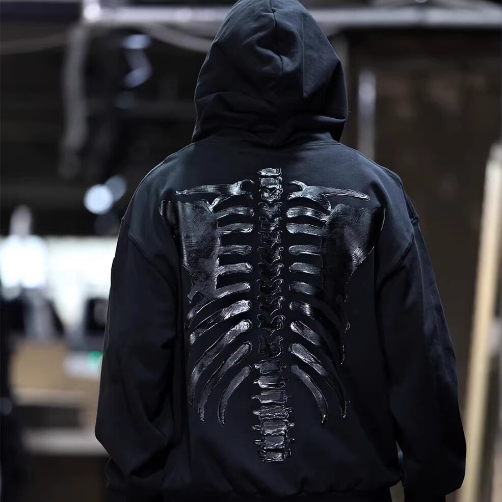 代购韩国潮牌BytheR手绘骨画绳索连帽衫春秋男女纯棉卫衣新款厚实