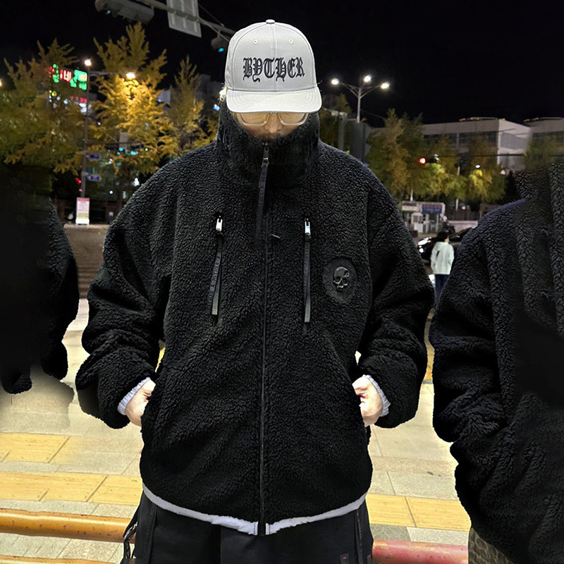现货韩国代购ByTheR男骑车冬抓绒保暖夜光高领夹克双面羊羔绒外套