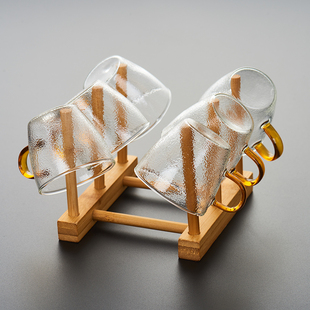 琥珀把细纹品茗杯手工小茶杯套装 锤纹功夫带把茶杯 耐热玻璃杯日式