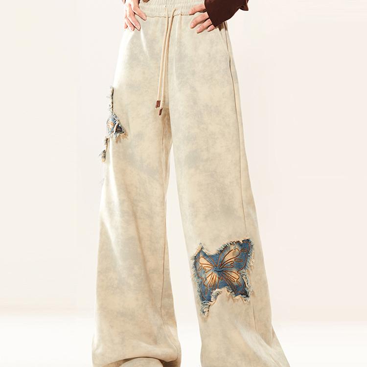 大码胖mm蝴蝶毛边刺绣阔腿卫裤女