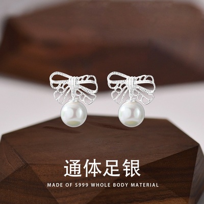 S999纯银蝴蝶结耳钉女2025新款珍珠流苏耳环轻奢高级感气质耳饰