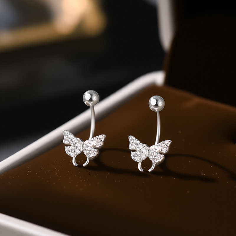 足银999饰品女锆石蝴蝶耳环高级感轻奢螺丝拧扣养耳洞纯银耳钉
