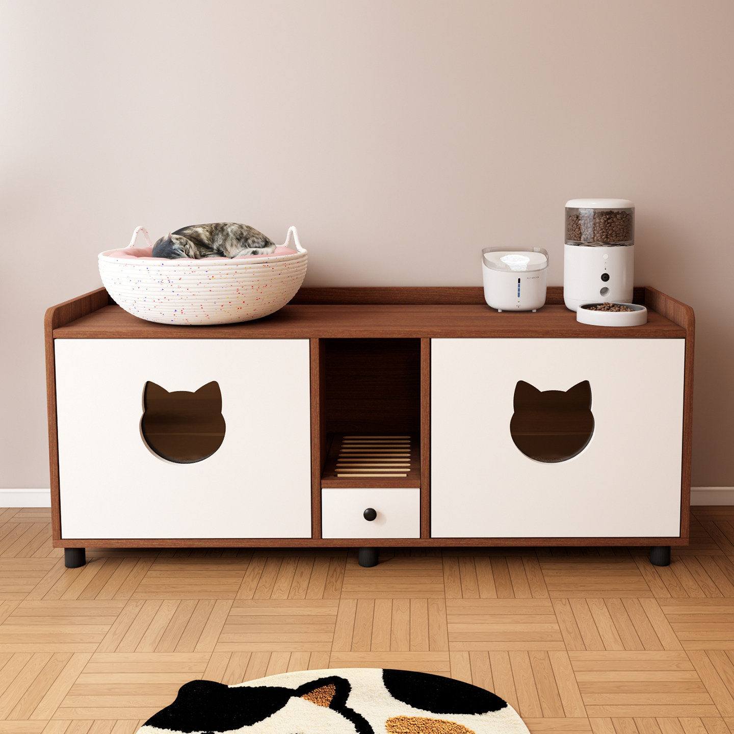双猫砂盆款猫砂柜实木包安装图片