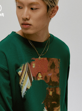 BEASTER 2023SS印花圆领卫衣男春季复古潮牌美式白色上衣情侣装