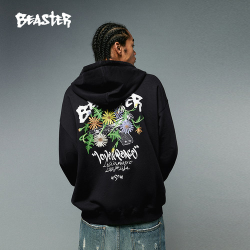 BEASTER枪花反战加绒连帽卫衣外套男23冬新款美式宽松休闲开衫女