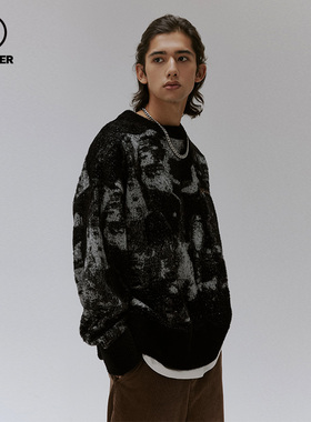 BEASTER小恶魔满印绣花圆领针织衫冬季男女长袖时尚慵懒情侣上衣