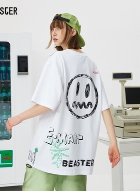 beaster官方 小恶魔鬼脸纯棉短袖男街头国潮牌情侣装宽松半袖体恤