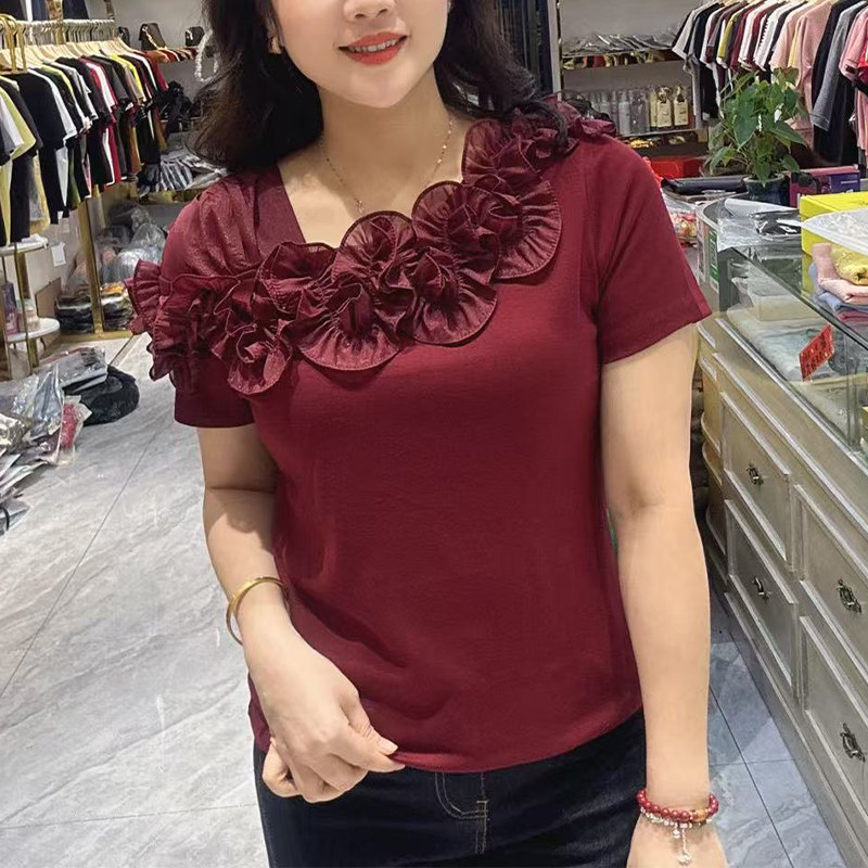 洋气荷叶边上衣女2025春季新款气质斜领露肩修身t恤短袖小众女装