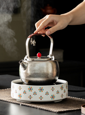 新款宝相花白色陶瓷电陶炉煮茶器茶炉煮茶壶家用纯钛烧水壶套装