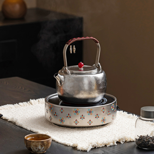 新款宝相花鎏钛银陶瓷电陶炉煮茶器茶炉煮茶壶家用纯钛烧水壶套装