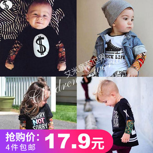 ins外贸男女童装2023春夏款纹身t恤亲子装花臂防晒纯棉儿童打底衫