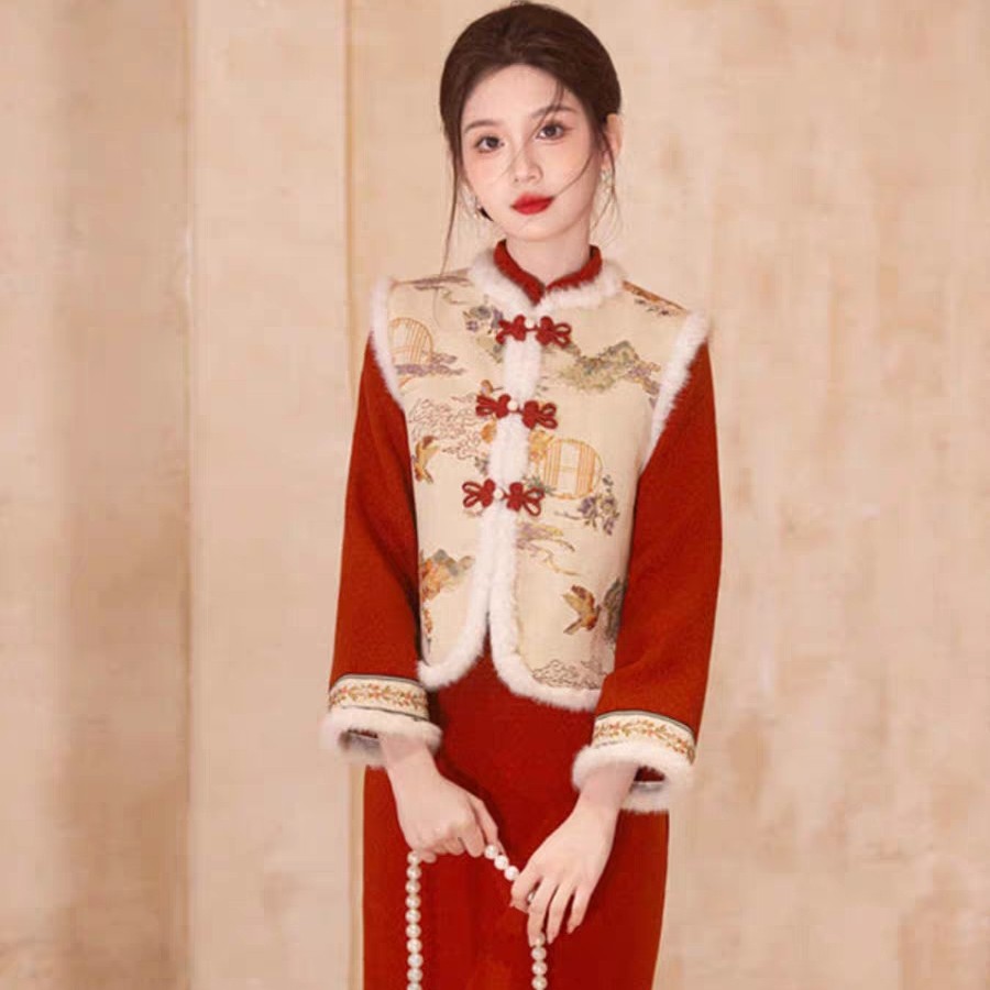 【出租】冬款新中式旗袍红色国风套装领证晚礼服年会敬酒服秋冬