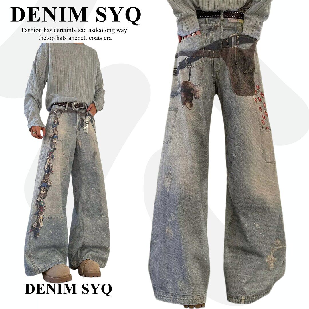 Denim淑娅琦美式数码印花牛仔裤女复古小众设计多钥匙水洗阔腿裤