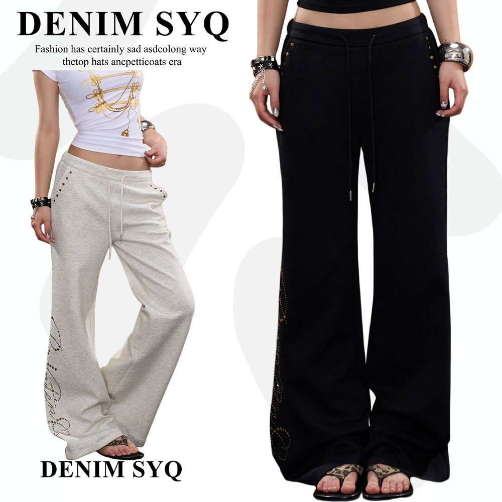 Denim淑娅琦美式复古灰色铆钉阔腿裤女2026早秋新款休闲喇叭长裤