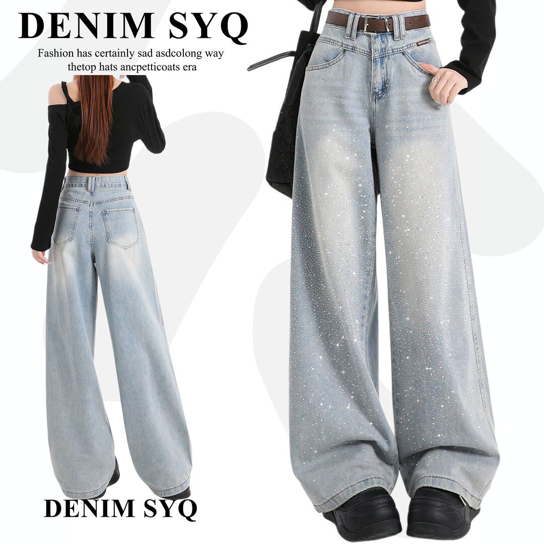 Denim淑娅琦韩版设计感烫钻款浅蓝色牛仔阔腿裤女2026拖地裤新款