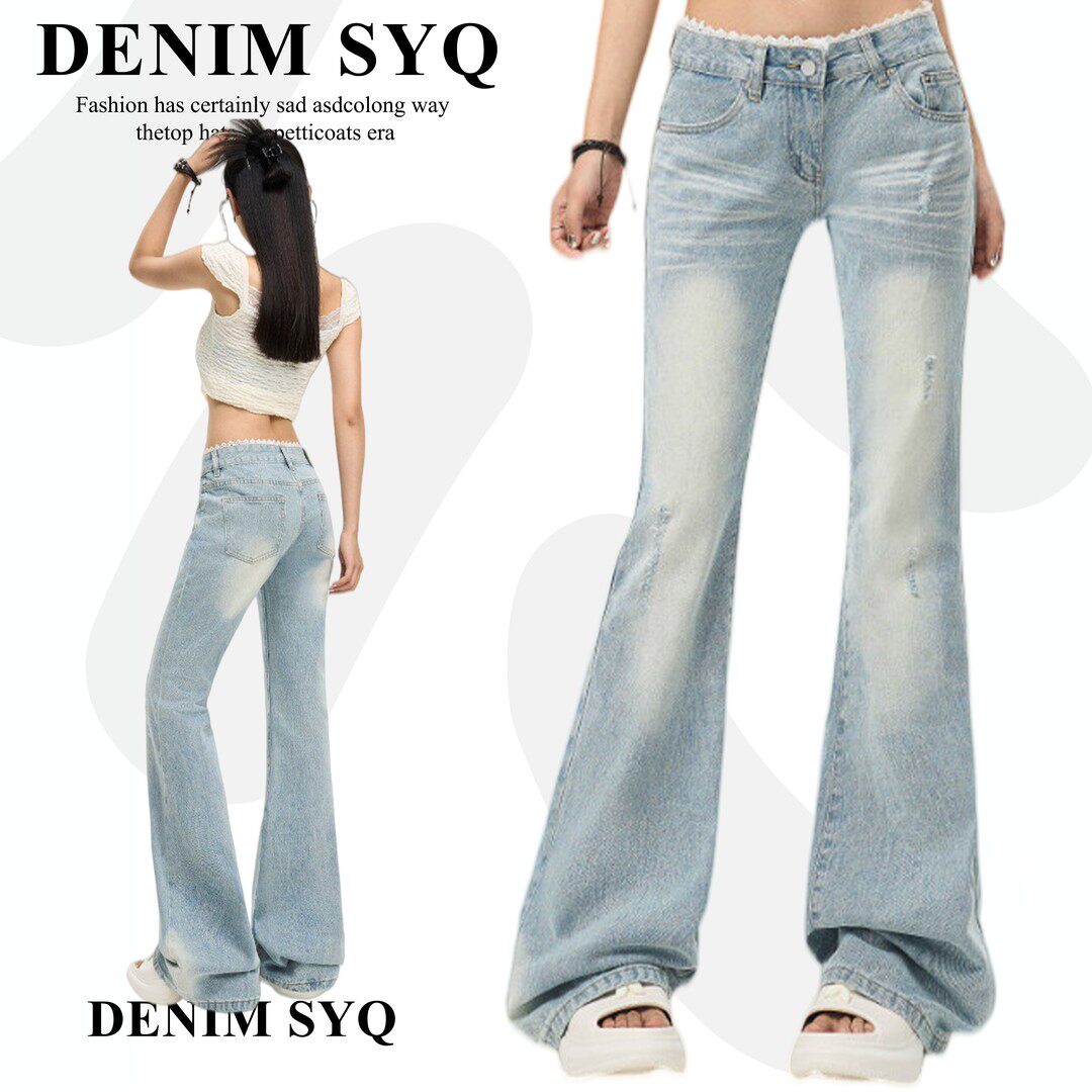 Denim淑娅琦美式浅蓝蕾丝拼接微喇叭牛子裤女2026低腰辣妹喇叭裤