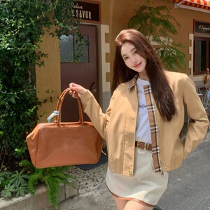 海外优选 BBR 24宅女同款袖口字母刺绣拼接格纹翻领休闲风衣外套