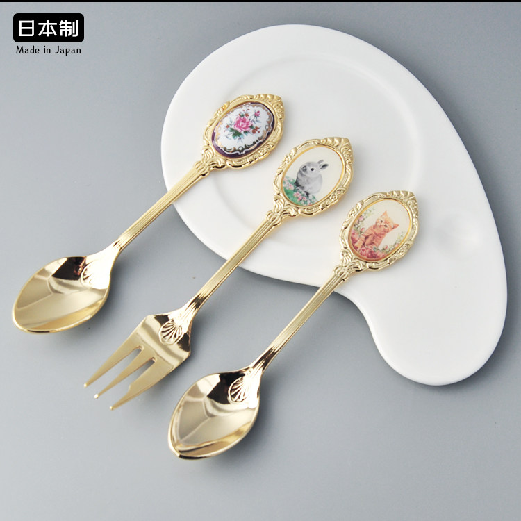 日本进口咖啡勺高桑金属复古猫咪宫廷不锈钢勺子搅拌勺水果点心叉