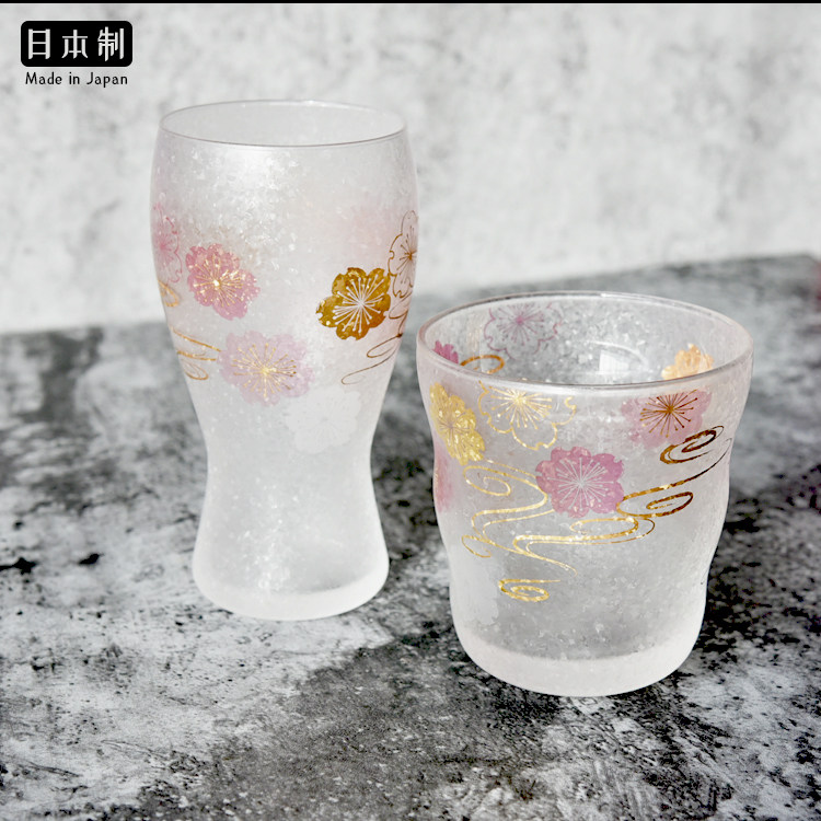 日本进口aderia磨砂玻璃杯樱花粉色冷饮杯啤酒杯水牛奶果汁杯礼物
