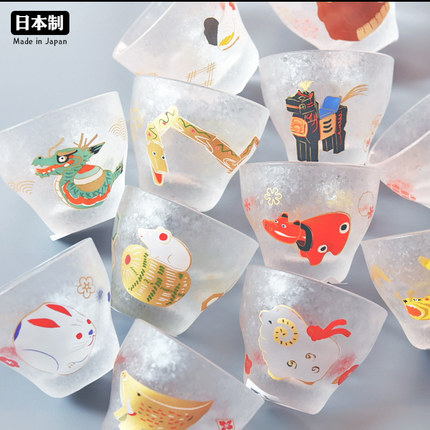 日本进口aderia石冢硝子十二生肖日式玻璃杯小茶杯白烧酒清酒杯子